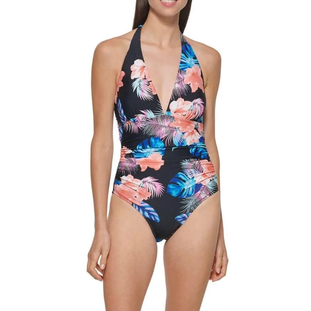 ✅DKNY Ladies Swimsuit Halter Shirred Tropical Black Coral